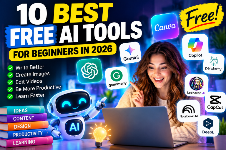 Best free AI tools for beginners in 2026 for writing, graphic design, research, and productivity.